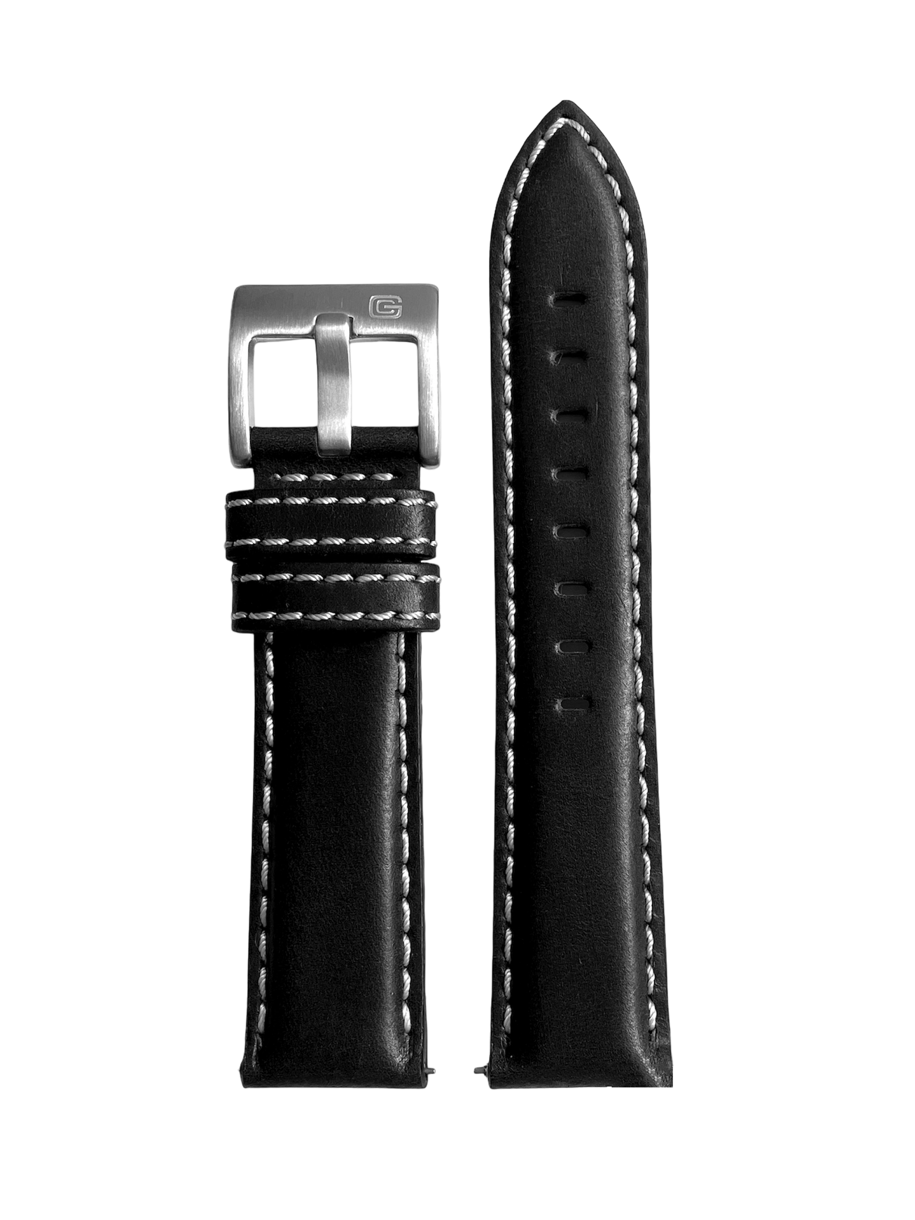 Watch Strap Leather Black 22mm Stitching White