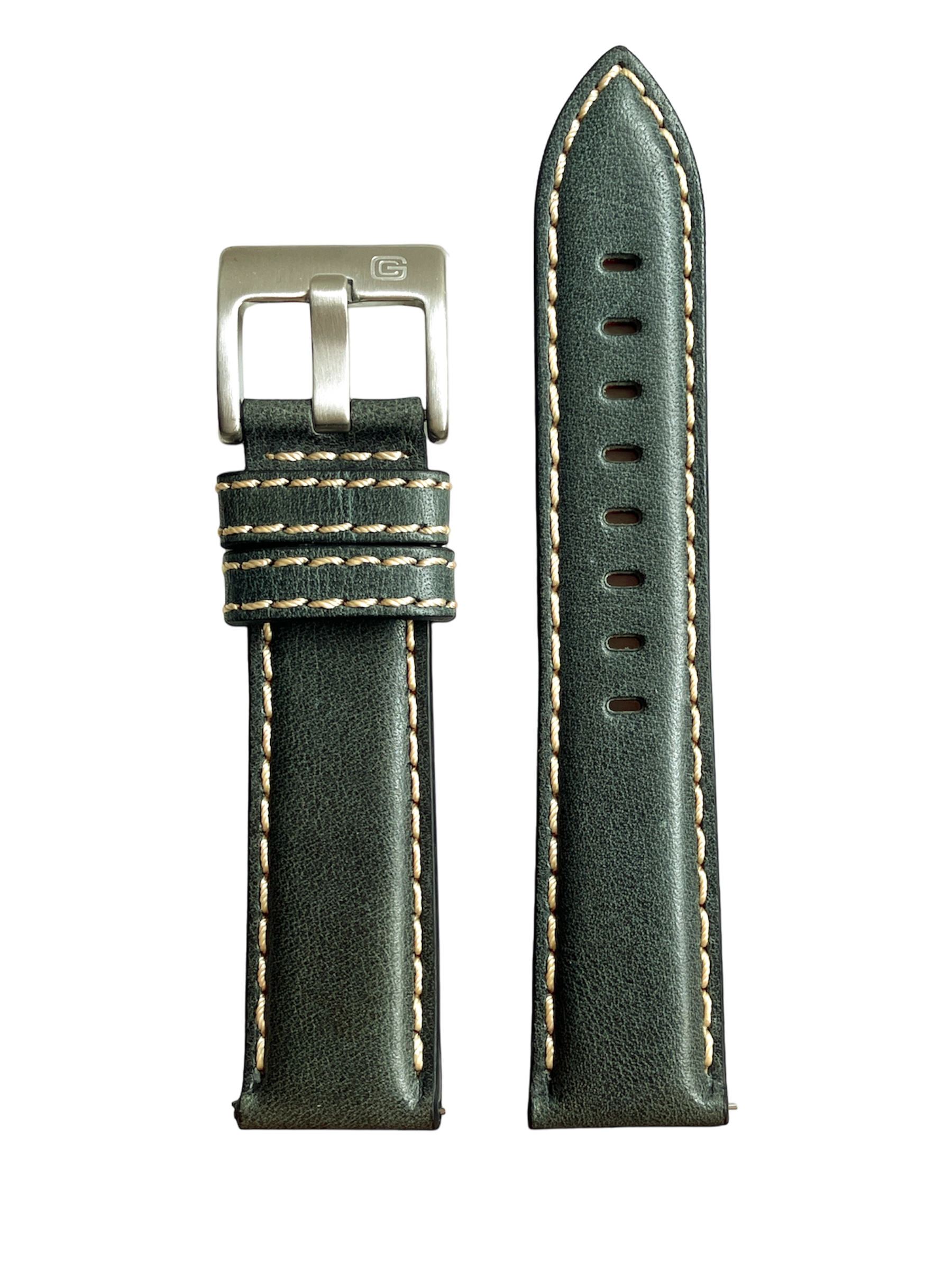Watch Strap Leather Green 22mm Stitching Beige