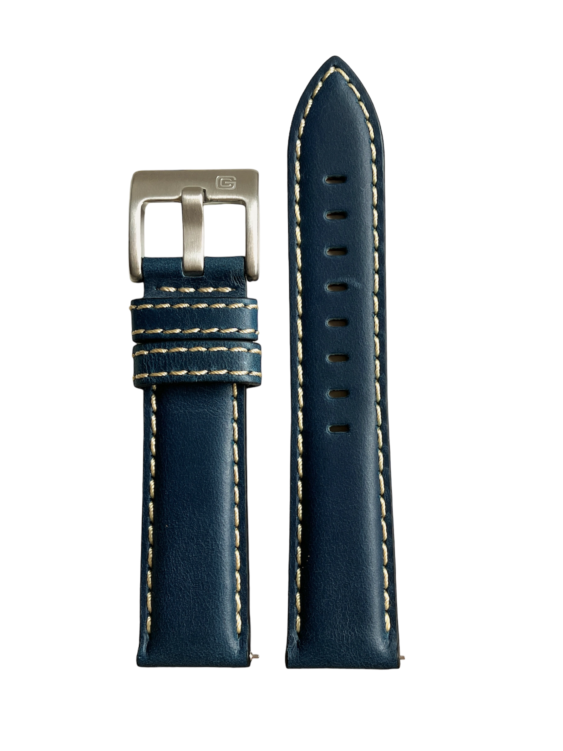 Watch Strap Leather Blue 22mm Stitching Beige